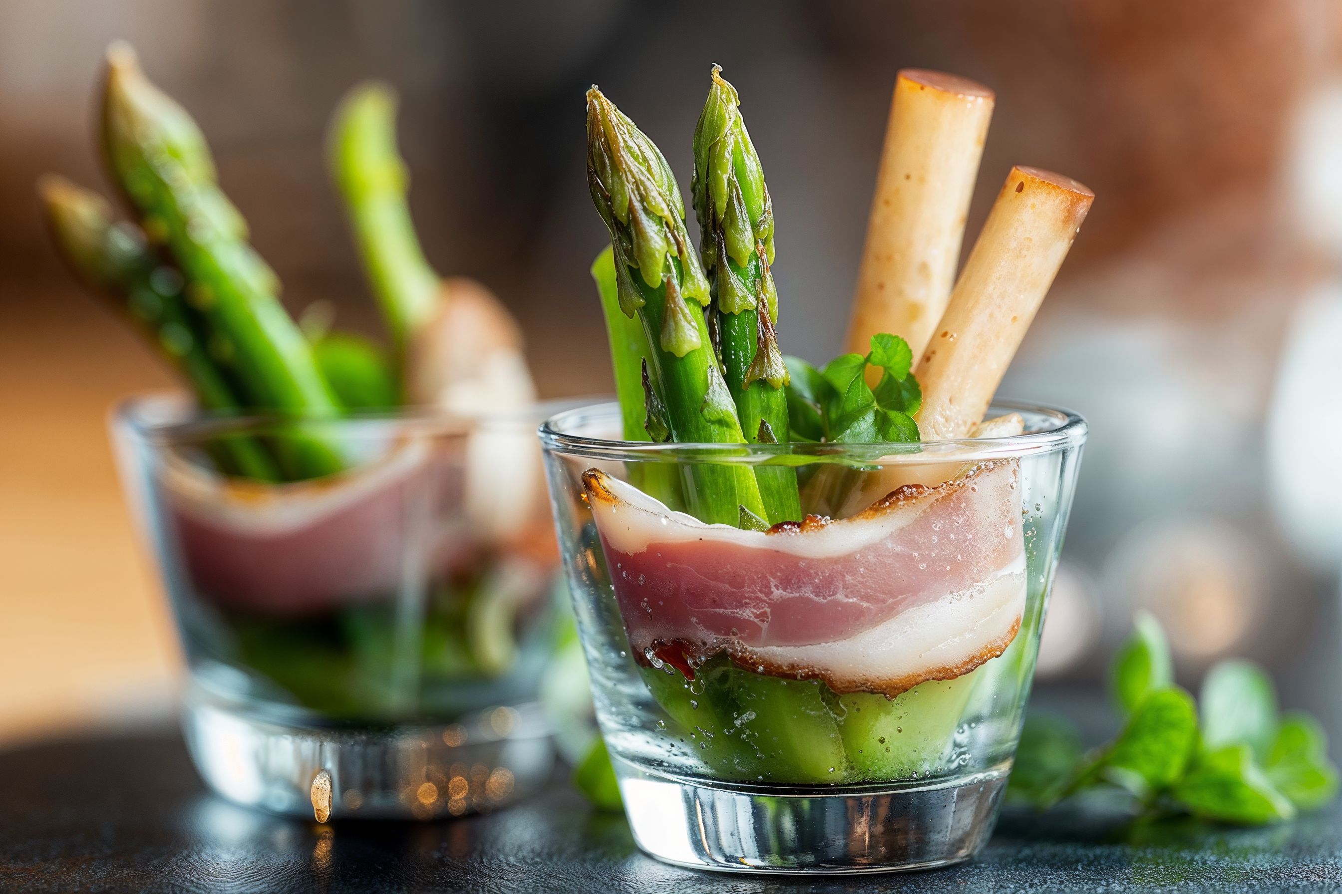 Elegante Vorspeise im Glas: Spargel mit Speck.